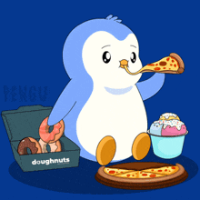 a penguin is eating pizza and donuts from a box that says doughnuts