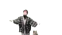 a man wearing a plaid shirt is holding a cat