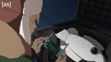 a cartoon of a person holding a cell phone with the letters [ as ] on the bottom