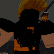 a cartoon character with blue hair is holding a knife in his hand