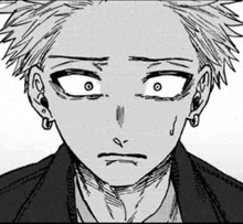 a black and white drawing of a man 's face making a funny face .