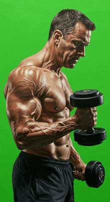 a muscular man is lifting a dumbbell with a green background