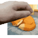 a cat is petting a sleeping fox on a bed in a pixel art .