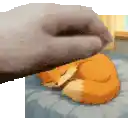 a cat is petting a sleeping fox on a bed in a pixel art .