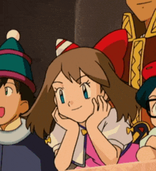 a group of cartoon characters are sitting in a row and one of them has a bow on her head