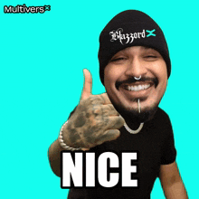 a man wearing a beanie and a black shirt with the word nice on it