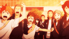 a group of anime characters are standing next to each other with their arms in the air
