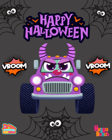 a monster truck with horns and the words happy halloween on the bottom
