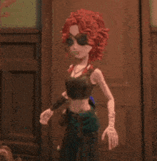 a cartoon character with red curly hair is standing in front of a wooden door .
