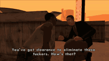 a man in a suit is talking to another man in a white tank top