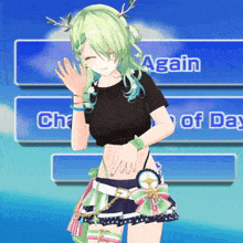 a girl with green hair is standing in front of a blue background that says again and chance of day