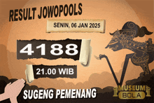 a poster that says ' result jowopools ' at the top