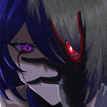 a close up of a person with purple eyes and red eyes