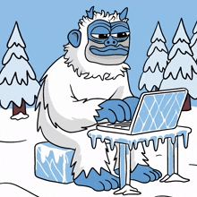 a cartoon of a yeti sitting at a table with a laptop