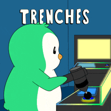 a cartoon of a penguin playing an arcade game with the words trenches below it