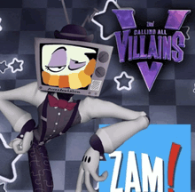 a cartoon character with a tv head and the words " calling all villains "