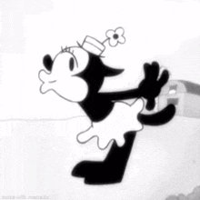 a black and white drawing of a cartoon character with a flower on her hat .