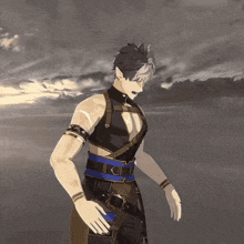 a video game character with a blue belt around his waist is standing in front of a cloudy sky