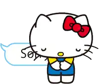 a hello kitty cartoon with a red bow on her head says sorry