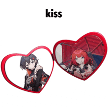 a couple of heart shaped glasses with a girl and a boy on them .
