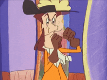 a cartoon character wearing a hat and gloves is making a funny face