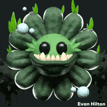 a green flower with a monster face and the name evan hilton under it