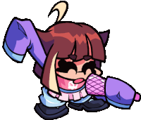 a cartoon character with a purple jacket and a pink scarf