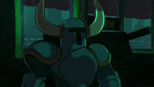 a cartoon knight is holding a sword in front of a sign that says open
