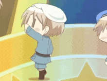 a cartoon character with a white hat is dancing on a stage .