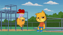 a cartoon of a cat standing next to a girl hanging upside down