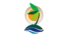 a logo with a palm tree and a wave in the background