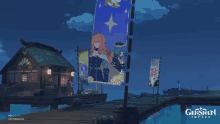 a screenshot of genshin impact shows a dock with a house in the background