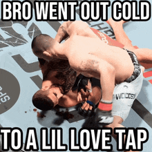 a picture of two men in a wrestling match with the caption " bro went out cold to a lil love tap "