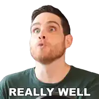 a man with a beard is wearing a green shirt and says really well