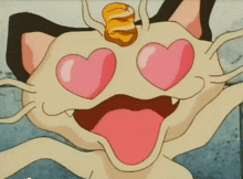 a close up of a cartoon cat with heart shaped eyes and a tongue sticking out .