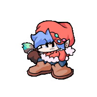 a cartoon character is holding a brush and wearing a red hat .