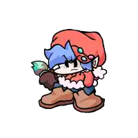 a cartoon character is holding a brush and wearing a red hat .