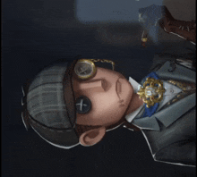 a man in a suit and hat has a compass on his head