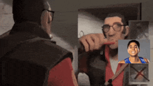 a man with glasses is brushing his teeth in front of a picture of another man
