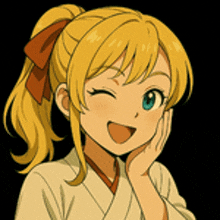 a cartoon girl with blonde hair and a red bow on her hair