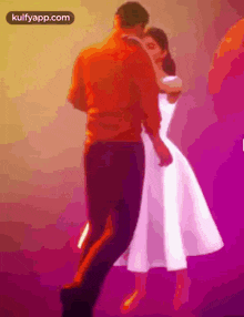 a man and a woman are dancing in front of a purple background