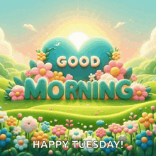 a cartoon landscape with flowers and a heart that says good morning happy tuesday