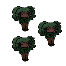 three drawings of a girl with green hair and a green sweater with the letter h on it