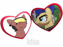 a red heart shaped mirror with a picture of a cat and a pony inside of it