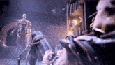 a video game scene with a skeleton and a man