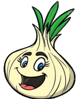 a cartoon drawing of an onion with a smiling face and green leaves