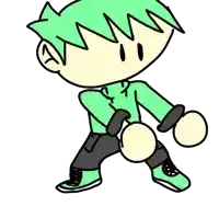 a cartoon boy with green hair and black pants