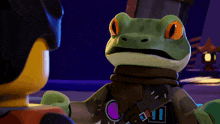 a frog with a purple circle around its neck