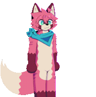 a pink and white furry animal with a blue scarf around its neck