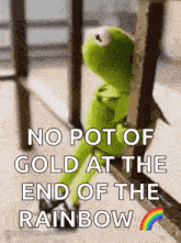 kermit the frog is sitting on a railing with a rainbow in the background and a quote about gold .